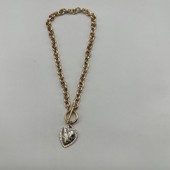 Guess Necklace Rose Gold Heart Pendant Rhinestone Logo Toggle Chain Y2K 20" - Picture 5 of 9